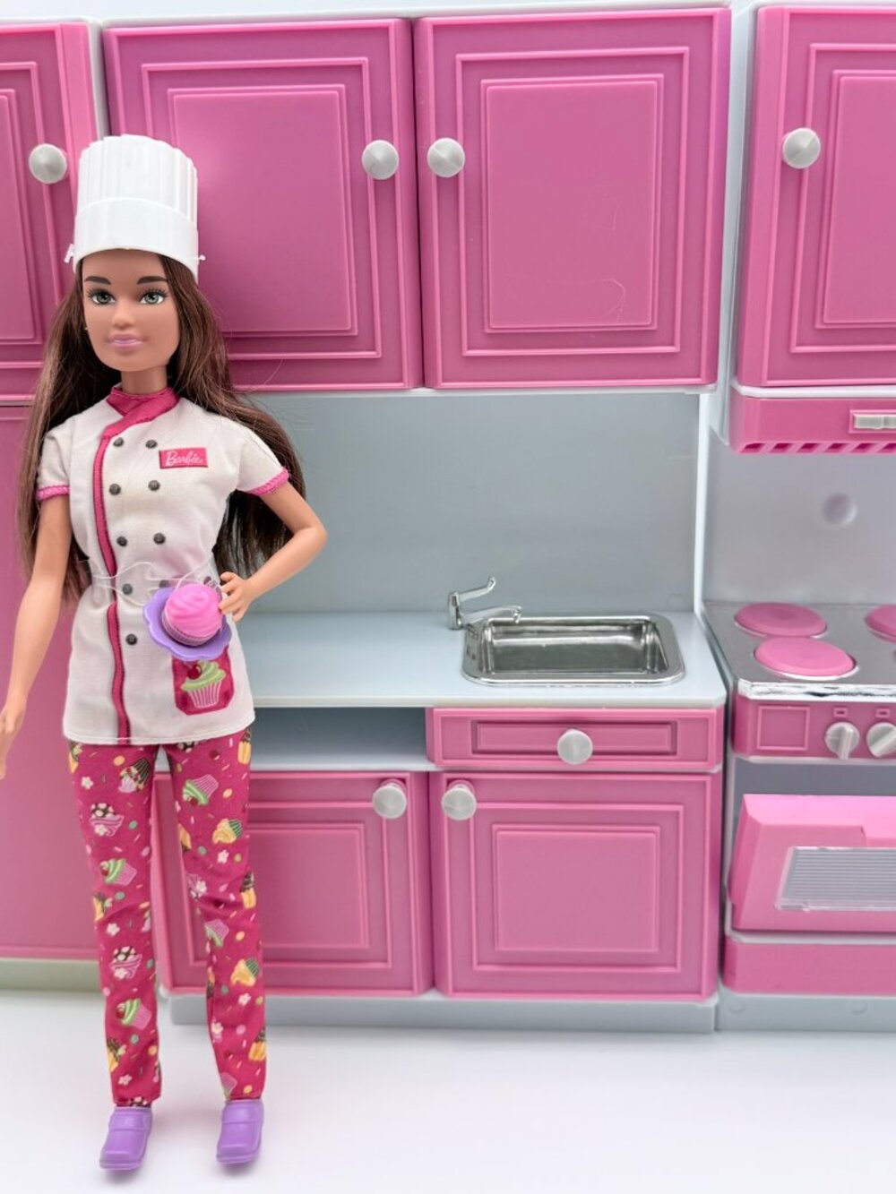 Barbie Kitchen Set + Chef Barbie Doll Pink Fridge Stove Sink Playset
